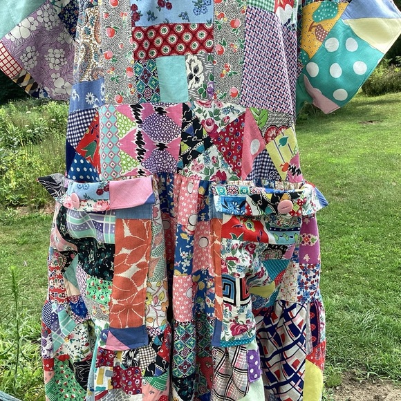 Upcycled vintage crazy patchwork quilt babydoll mid length lined dress Med to XL - Picture 3 of 16
